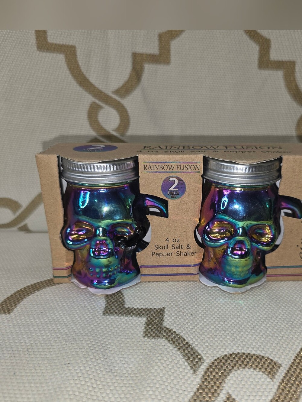 Salt & Pepper Shakers Iridescent Rainbow Fusion Skull Halloween Circleware New
